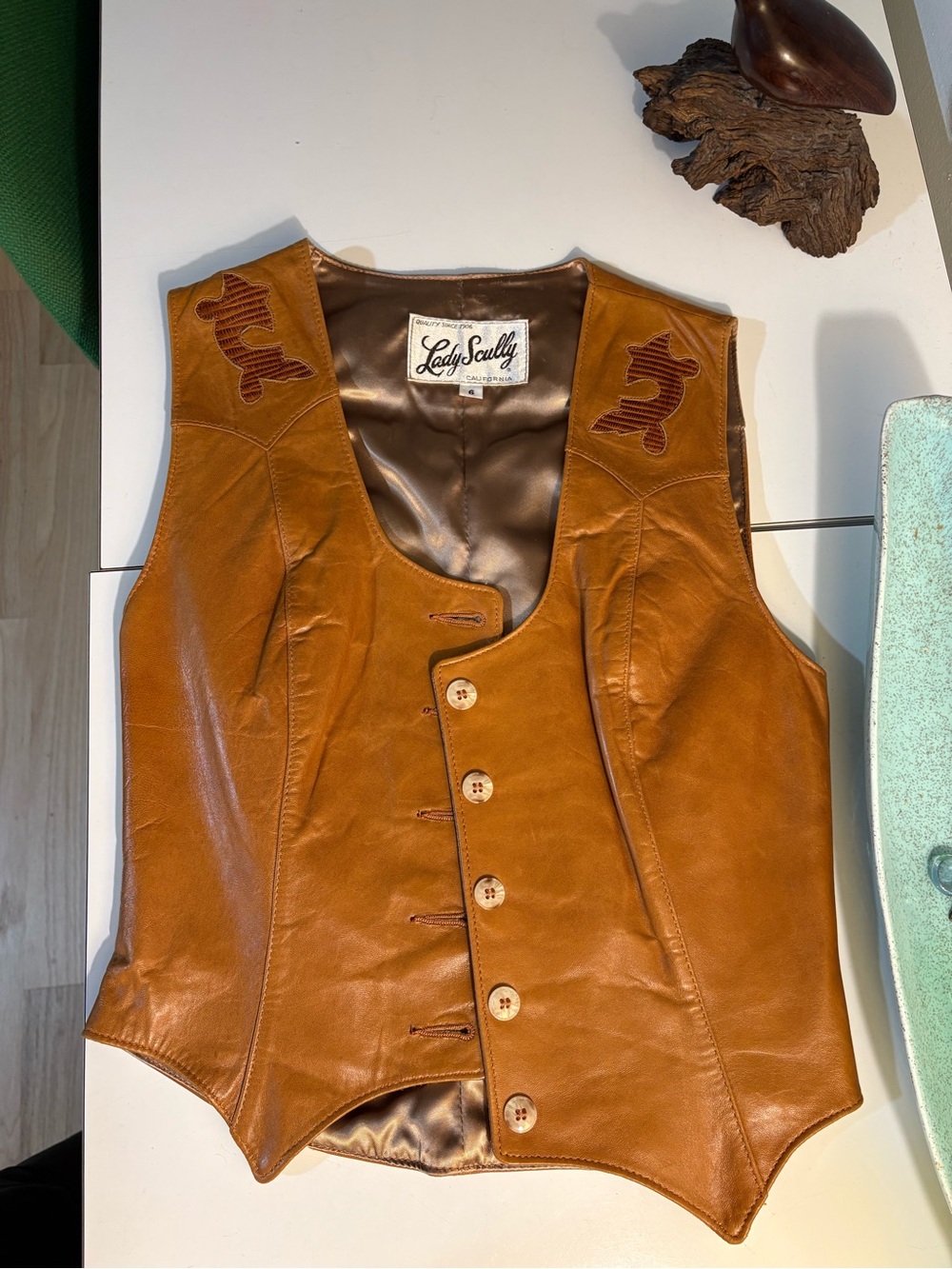 Vintage Scully Tan Leather Button Front Vest with Embroidered Yokes